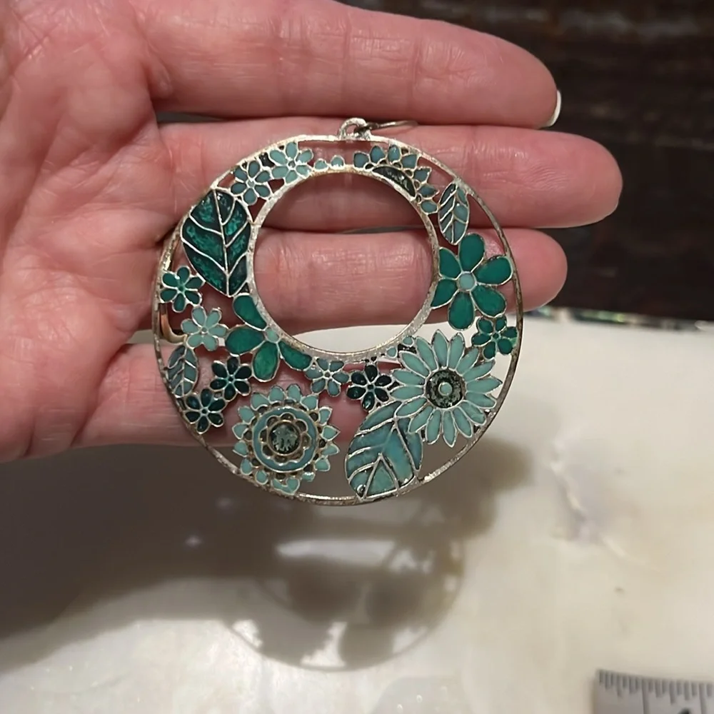 Sage green and dark green floral hoop silver pierced earrings  2”